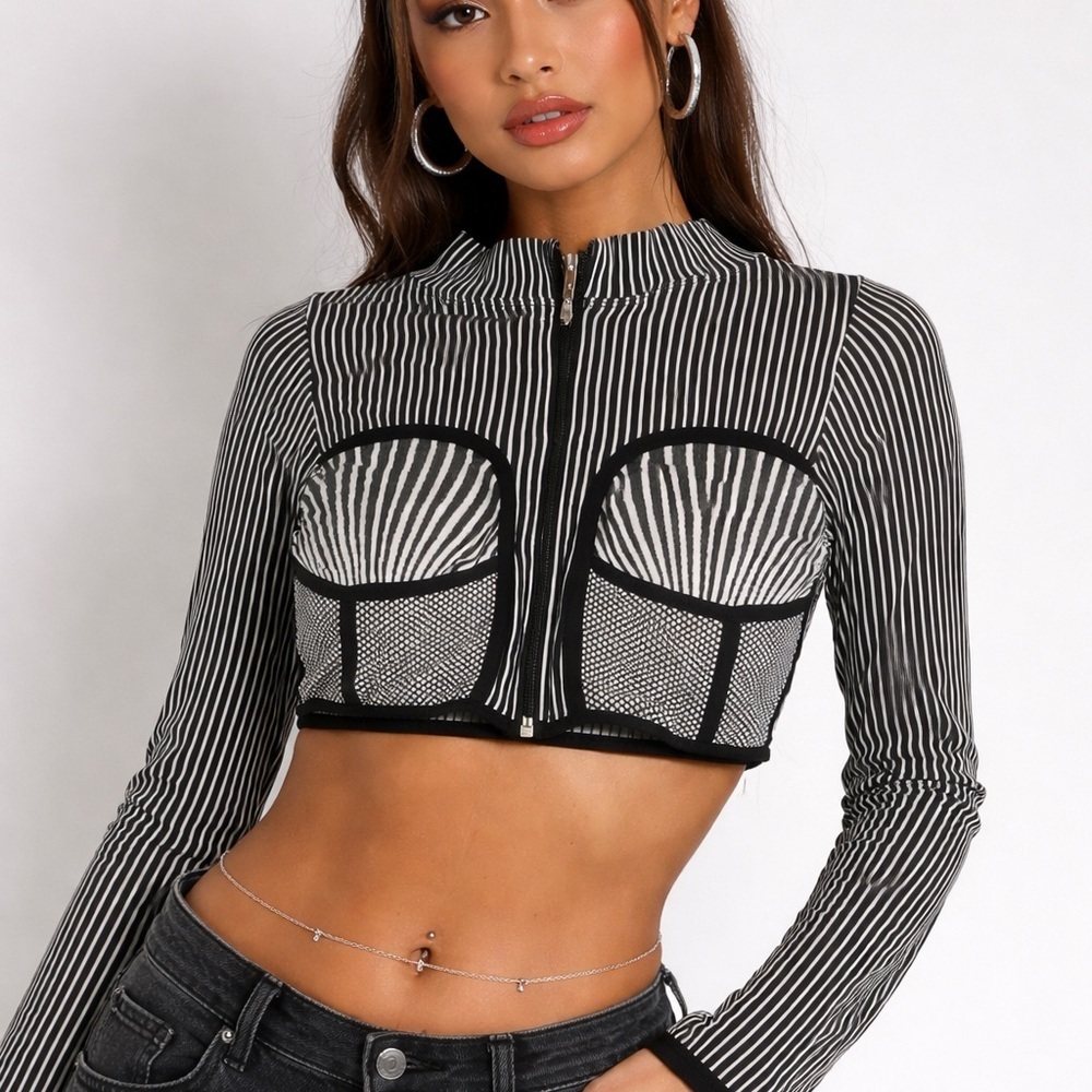 Corset Top Y2K Grunge Festival Mesh Zip Long Sleeve Black White Indie S/M